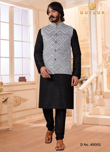 Gray Colour Art Silk Wedding Wear Kurta Pajama With Jacket Mens Collection 49001